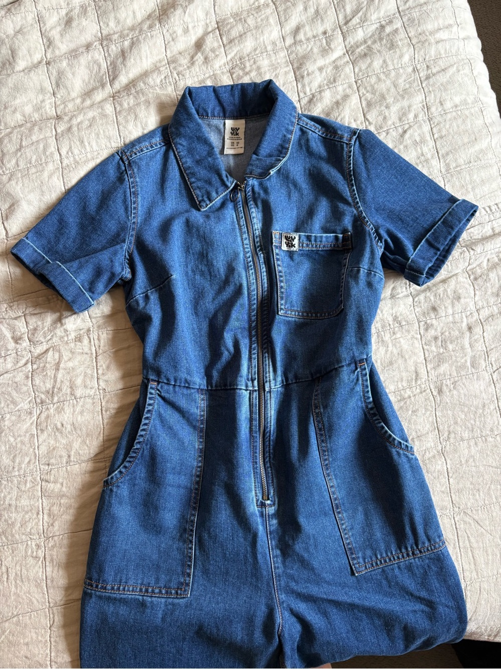 Lucy & Yak Blue Short-Sleeve Denim Jumpsuit Romper